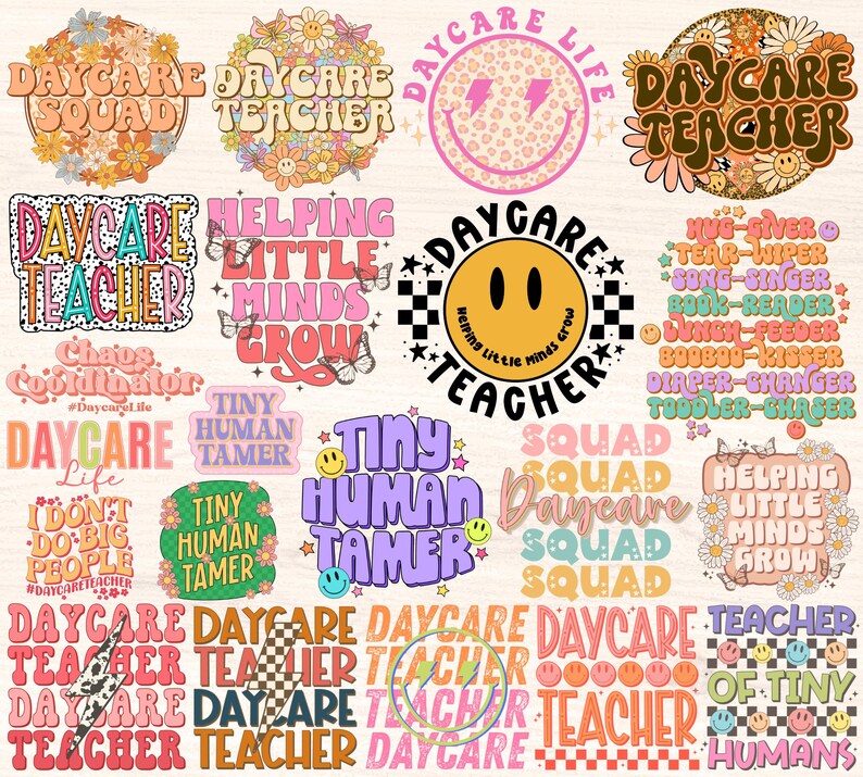 Peut inclure: Une collection de 16 motifs r&eacute;tro color&eacute;s avec des phrases li&eacute;es &agrave; la garderie et &agrave; l'&eacute;ducation de la petite enfance. Les motifs comprennent des phrases comme "Daycare Squad", "Daycare Teacher", "Helping Little Minds Grow", et "Tiny Human Tamer".