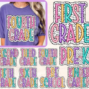 Può includere: Un set di disegni termoadesivi colorati a pois per magliette. I disegni presentano diversi livelli di grado, tra cui Pre-K, Kindergarten, First Grade, Second Grade, Third Grade, Fourth Grade, Fifth Grade, Sixth Grade e Pre-School.