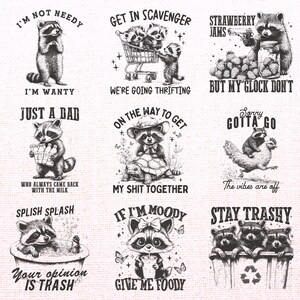 Retro sarkastisches Waschbär-Png-Bundle, lustiges Vintage Waschbär-Design Png, freche, schnörkelige Tierzitate, trendige Waschbär-Sublimationsdesigns Bild 2