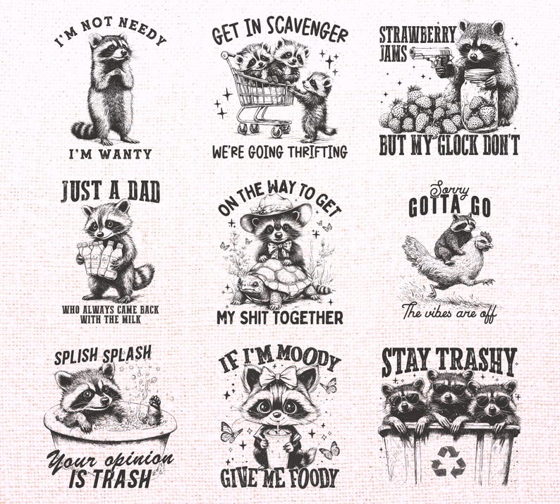 Retro sarkastisches Waschbär-Png-Bundle, lustiges Vintage Waschbär-Design Png, freche, schnörkelige Tierzitate, trendige Waschbär-Sublimationsdesigns Bild 2