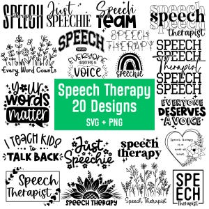 Puede incluir: Una colección de 20 diseños de terapia del habla en formatos SVG y PNG. Los diseños presentan varias frases y gráficos relacionados con la terapia del habla, incluyendo "Speech Therapy", "Speechie" y "Your Words Matter".