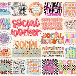 May include: A collection of colorful graphic designs with text related to social work. Designs include phrases like "World's Coolest Social Worker," "Social Worker Mode," and "Advocate & Caffeinate." The images feature various fonts, patterns, and floral elements.