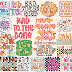 Könnte beinhalten: Eine Sammlung farbenfroher Grafikdesigns mit Texten zum Thema Radiologie. Designs enthalten Sätze wie "Rad Tech", "Rad to the Bone" und "I take skelfies". Blumen- und Schachbrettmuster sind ebenfalls vorhanden.