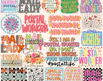 Postarbetare png-paket, postdame png, sublimeringsdesigner för postbärare, postkontor png, retro groovy blommig kokett rosett rutig