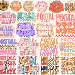May include: A collection of colorful digital stickers featuring various designs with the text "Mail Lady", "Postal Worker", and "Over Stimulated Mail Ladies Club".