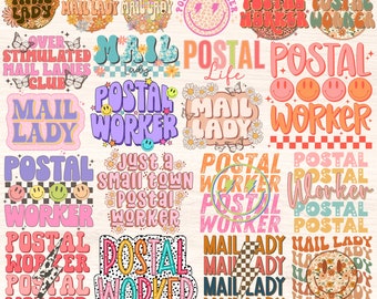 May include: A collection of colorful digital stickers featuring various designs with the text "Mail Lady", "Postal Worker", and "Over Stimulated Mail Ladies Club".