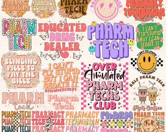 Pharmacy Tech Png Bundle, Pharm Tech Png, Pharmacy Technician Sublimation Designs, Cpht Gift, Retro Groovy Floral Pharm Tech Quotes Download