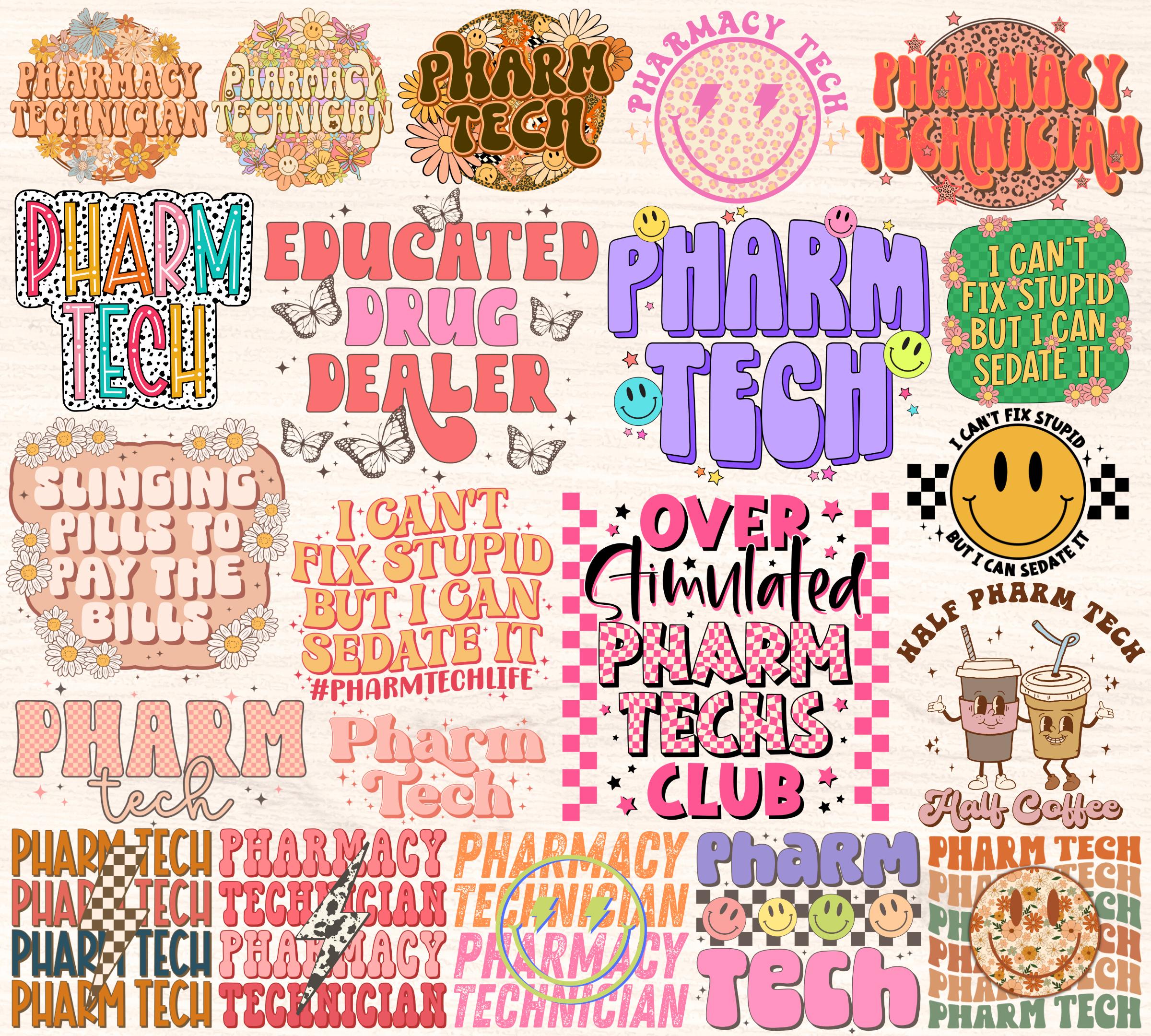 Pharmacy Tech Png Bundle, Pharm Tech Png, Pharmacy Technician Sublimation Designs, Cpht Gift, Retro Groovy Floral Pharm Tech Quotes Download