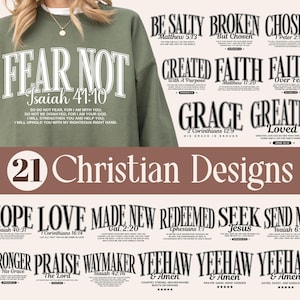 Puede incluir: Una sudadera verde oliva con las palabras "FEAR NOT" e "Isaiah 41:10" en blanco. Debajo, se imprime una cita. La imagen también muestra 21 diseños cristianos con varias frases inspiradoras y versículos bíblicos.