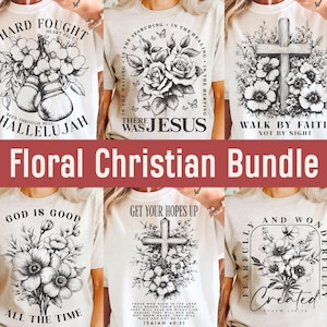 Peut inclure: Un ensemble de six t-shirts blancs avec des motifs floraux noirs et des textes &agrave; th&egrave;me chr&eacute;tien. Les t-shirts pr&eacute;sentent des phrases comme "Hard Fought", "There Was Jesus", "Walk By Faith", "God Is Good", "Get Your Hopes Up", et "Fearfully and Wonderfully Created".