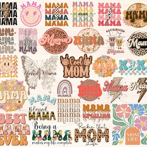 May include: A collection of colorful digital designs featuring the word "Mama" in various fonts and styles. Some designs include flowers, butterflies, rainbows, and animal prints. The designs are perfect for creating t-shirts, mugs, tote bags, and other personalized gifts.