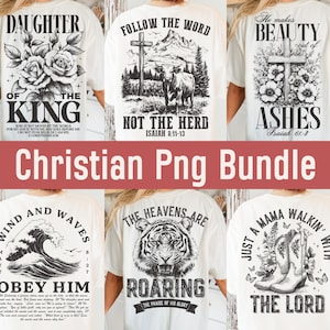 May include: A selection of white t-shirts featuring Christian designs. The graphics include floral arrangements, crosses, and inspirational text such as "Daughter of the King" and "Just a Mama Walkin' with the Lord."