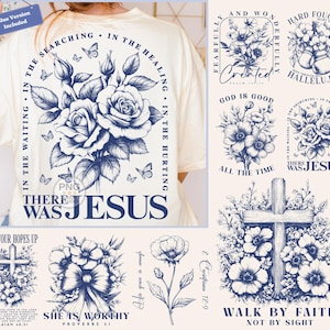 Peut inclure: Un ensemble de motifs num&eacute;riques avec des illustrations florales bleues et des citations inspirantes et des versets bibliques. Les motifs comprennent une croix, des roses et des an&eacute;mones. Le texte comprend "There Was Jesus", "God Is Good All The Time", "She Is Worthy", "Walk By Faith Not By Sight", et "Fearfully and Wonderfully Created".