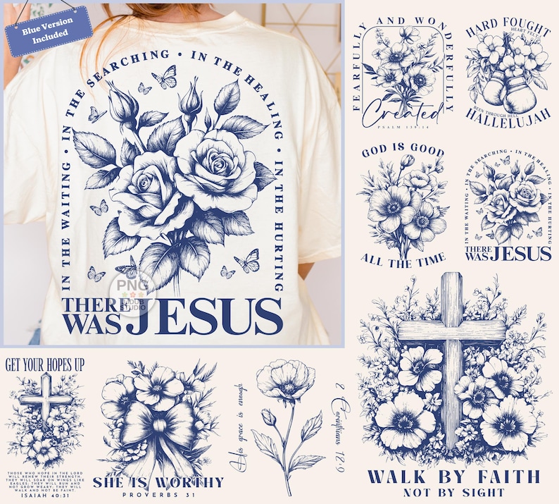 Peut inclure: Un ensemble de motifs num&eacute;riques avec des illustrations florales bleues et des citations inspirantes et des versets bibliques. Les motifs comprennent une croix, des roses et des an&eacute;mones. Le texte comprend "There Was Jesus", "God Is Good All The Time", "She Is Worthy", "Walk By Faith Not By Sight", et "Fearfully and Wonderfully Created".