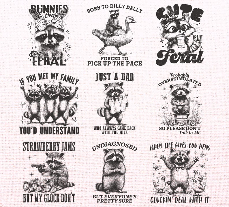 Funny Sarcastic Raccoon Png Bundle, Retro Vintage Raccoon Design Png ...