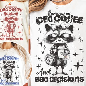 Lustiger Waschbär, der auf Eiskaffee-schlechten Entscheidungen Png läuft, Retro Weinlese-Tierzitate, freche sarkastische Tiere Sublimations-Designs Geschenk