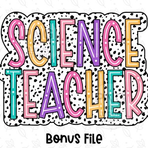 Peut inclure: Un design graphique color&eacute; sur un fond &agrave; pois noir et blanc. Le texte "SCIENCE TEACHER" est &eacute;crit en gras avec un contour.