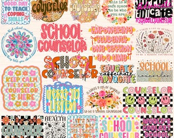 School Counselor Png Bundle, Counselor Sublimation Designs, Retro Groovy Coquette Bow School Psychologist Gift, Guidance Counselor Png File