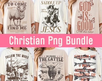 May include: A selection of cream-coloured t-shirts featuring Christian-themed designs. Graphics include a sheep, a cowboy on a horse, the words "God is Good," a cross with a mountain scene, a bull, and fish. The text "Christian Png Bundle" is also present.
