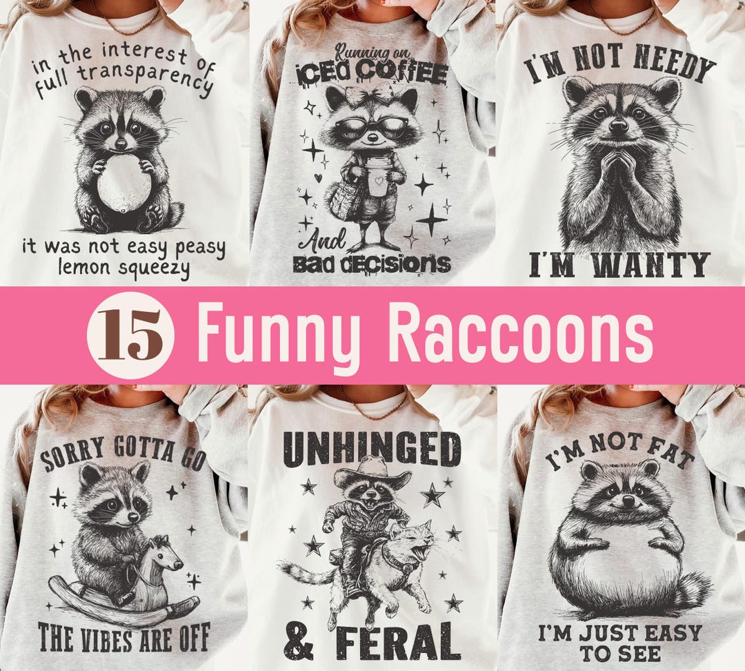 Funny Sarcastic Raccoon Png Bundle, Retro Vintage Raccoon Design Png ...