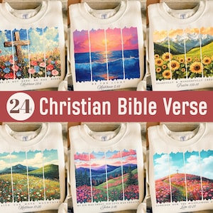 May include: Set of 6 cream coloured sweatshirts with different Christian Bible verses printed on each. Each sweatshirt features a colourful landscape scene with flowers and mountains. The verses are: "He is not here, He has risen. Matthew 28:6", "Be the light. Matthew 5:14", "Fearfully and wonderfully created. Psalm 139:14", "Faith can move mountains. Matthew 17:20", "My sin was great, His love was greater. John 3:16", "Consider how the wildflowers grow. Luke 12:27".
