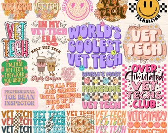 Vet Tech Png Bundle, Veterinary Technician Sublimation Designs, Retro Groovy Floral Vet Tech Quotes Sayings Gift Png, Digital Download
