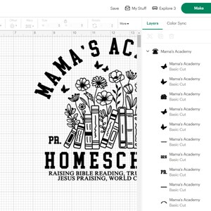 May include: Black and white graphic design with the text "Mama's Academy" and "Homeschool" with the words "Raising Bible Reading, True Jesus Praising, World Changing" underneath. The design features a stack of books with flowers and butterflies around them.