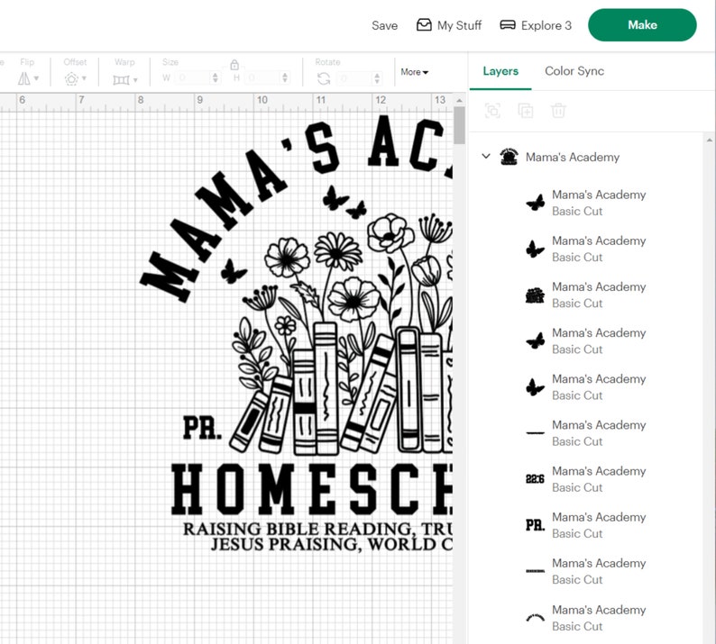 May include: Black and white graphic design with the text "Mama's Academy" and "Homeschool" with the words "Raising Bible Reading, True Jesus Praising, World Changing" underneath. The design features a stack of books with flowers and butterflies around them.