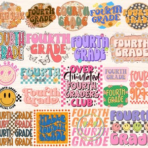 May include: A collection of 20 colorful digital clipart images featuring the text "Fourth Grade" in various fonts and designs. The designs include flowers, butterflies, smiley faces, checkered patterns, and stars.