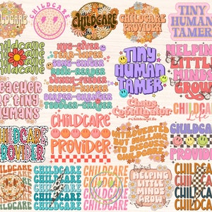 チャイルドケアPNGバンドル、デイケアプロバイダーPNG、昇華デザイン、デイケアティーチャーPNG、小さな人間テイマー、レトロでグルーヴィーな花柄デジタルダウンロード