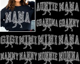 White Lace Coquette Bow Mama Granny Auntie Gigi Png Bundle, Chinoiserie Embroidery Granny Nana Grandma Nonna Nonnie Png, Varsity Mama Mini