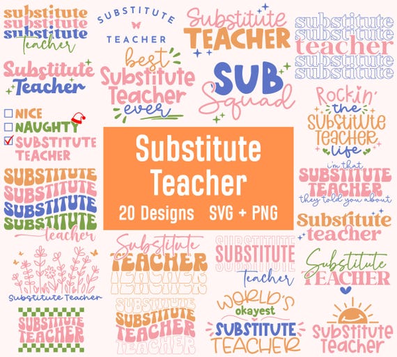 Substitute Teacher Svg Bundle, Sub Teacher Gift, Back to School Svg, Retro Groovy Boho Stacked Substitute Teacher Svg, Digital Download