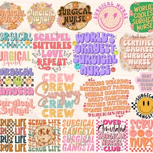 以下が含まれることがあります： 外科看護師に関連するさまざまなフレーズを特徴とする、20種類のカラフルなデジタルデザインのコレクション。デザインには、「外科看護師」、「世界で最もクールな外科看護師」、「外科チーム」、「手術クルー」、「スクラブライフ」、「過剰に刺激された外科看護師クラブ」などのフレーズが含まれています。