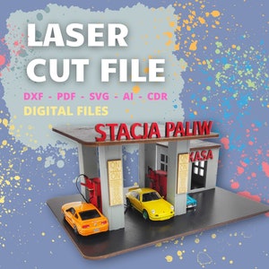 Toy gas station for cars plywood 5mm thick laser cut file, plywood toy birthday christmas gift format svg dxf ai cdr pdf CO2 plotter