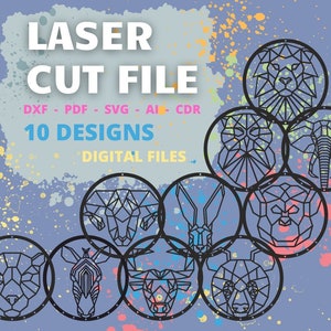 Puede incluir: Una descarga digital de 10 diseños geométricos de cabezas de animales en un círculo. Los diseños son en blanco y negro y son perfectos para el corte por láser. Los tipos de archivos incluidos son DXF, PDF, SVG, AI y CDR.