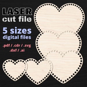 Bases de crochê 5 tamanhos arquivo de corte a laser CO2 fundo de cesta em formato de coração madeira compensada svg dxf ai cdr arquivos pdf