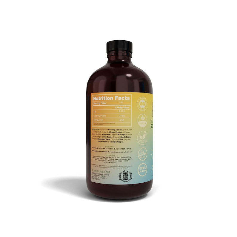 May include: A brown glass bottle with a black cap, featuring a colorful label with nutritional information and ingredient details. The label has a gradient of yellow to blue. The bottle is likely a health supplement or beverage.