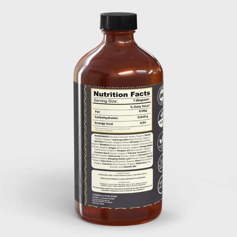 Puede incluir: Una botella de vidrio marr&oacute;n con tapa negra y etiqueta negra con "Informaci&oacute;n Nutricional". La etiqueta enumera la porci&oacute;n, grasa, carbohidratos y energ&iacute;a. La botella contiene un l&iacute;quido, probablemente un suplemento para la salud.