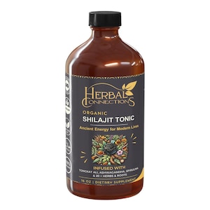 Puede incluir: Una botella marr&oacute;n con tapa negra, etiquetada como "Herbal Connections Organic Shilajit Tonic". La etiqueta incluye el texto: "Ancient Energy for Modern Lives" e "Infused with Tongkat Ali, Ashwagandha, Spirulina & 20+ Herbs & Roots". La botella contiene 473 ml de suplemento diet&eacute;tico.