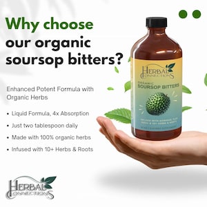 May include: A brown bottle of Herbal Connections Organic Soursop Bitters is held in a hand. The bottle has a black cap and a label with text and a green soursop fruit illustration. Text on the label includes "Infused with Moringa, Flat Seeds & 10+ Herbs & Roots."