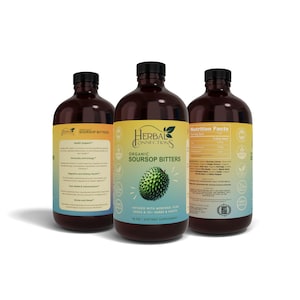 May include: Three dark brown bottles of Herbal Connections Organic Soursop Bitters. Each bottle has a black cap and a colorful label with text and a green soursop fruit illustration. The bottles are 16 oz dietary supplements.