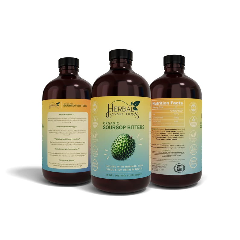 May include: Three dark brown bottles of Herbal Connections Organic Soursop Bitters. Each bottle has a black cap and a colorful label with text and a green soursop fruit illustration. The bottles are 16 oz dietary supplements.
