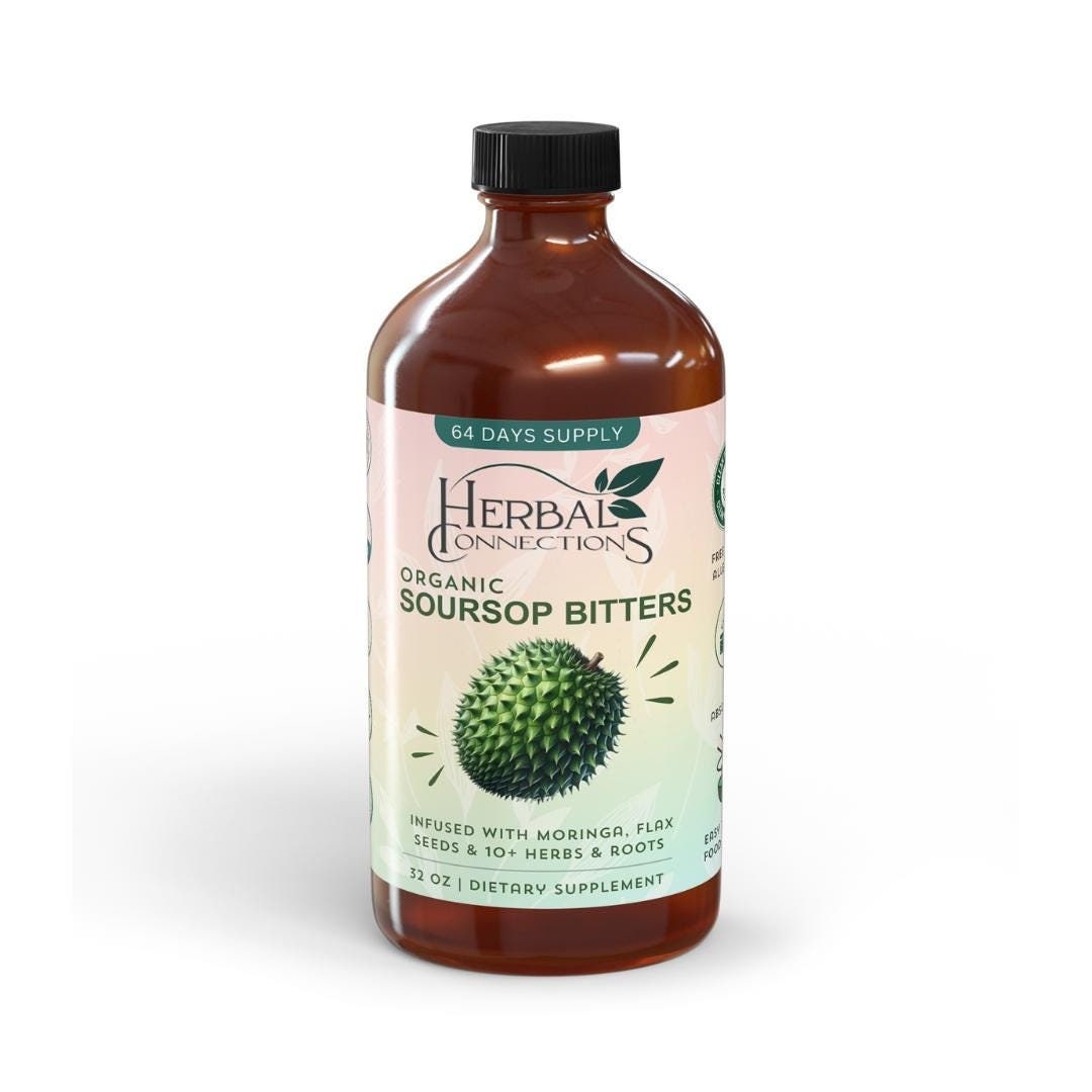 Organic Soursop Bitters 32 Ounces - 64 Servings , 20 Herb Formula , Gut Health, Natural Cleanse , Daily Wellness , Vegan & Organic