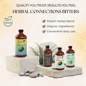 May include: An image showcasing Herbal Connections Bitters bottles. The bottles are brown with black caps and colorful labels. The text on the label reads "Organic Soursop Bitters", "Shilajit Tonic", and "Moringa Bitters". The image also includes the text "Quality You Trust, Results You Feel".