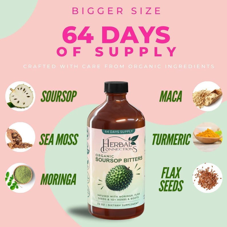 May include: A brown glass bottle with a label that reads "Herbal Connections Organic Soursop Bitters". The bottle is surrounded by images of various ingredients, including soursop, sea moss, moringa, maca, turmeric, and flax seeds. The label states that the product is infused with moringa, flax seeds, and 10+ herbs and roots. The bottle contains 340 ml of dietary supplement.