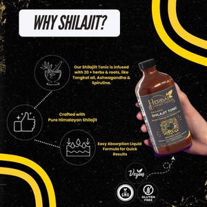 Puede incluir: Una botella marr&oacute;n de Herbal Connections Organic Shilajit Tonic se muestra sobre un fondo negro y amarillo. La botella tiene una tapa negra y una etiqueta con texto y un dise&ntilde;o floral. La imagen incluye texto sobre los ingredientes y beneficios.