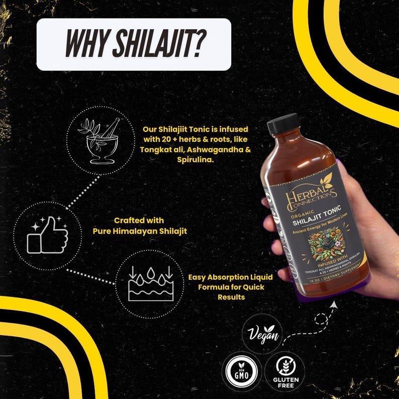 Puede incluir: Una botella marr&oacute;n de Herbal Connections Organic Shilajit Tonic se muestra sobre un fondo negro y amarillo. La botella tiene una tapa negra y una etiqueta con texto y un dise&ntilde;o floral. La imagen incluye texto sobre los ingredientes y beneficios.