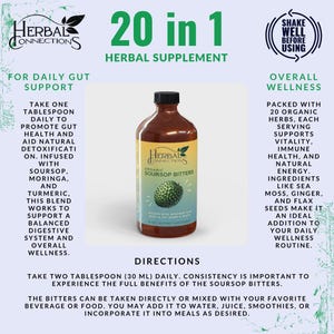 May include: A brown glass bottle of Herbal Connections Organic Soursop Bitters, a 20-in-1 herbal supplement. The label features a green soursop illustration. The text promotes gut health, detoxification, and overall wellness. The bottle contains 30 ml.