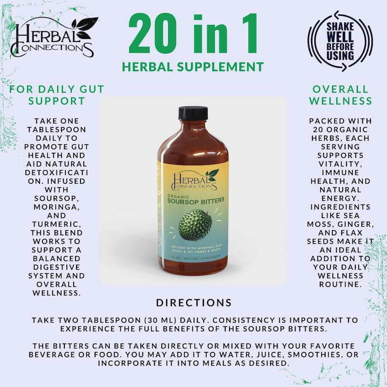 May include: A brown glass bottle of Herbal Connections Organic Soursop Bitters, a 20-in-1 herbal supplement. The label features a green soursop illustration. The text promotes gut health, detoxification, and overall wellness. The bottle contains 30 ml.