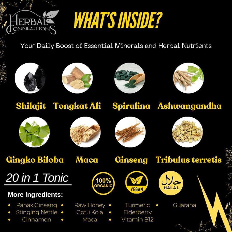 Puede incluir: Gr&aacute;fico negro y amarillo con el texto "WHAT'S INSIDE?" y "20 in 1 Tonic". La imagen muestra varias hierbas e ingredientes, incluyendo Shilajit, Tongkat Ali, Spirulina y Ashwagandha. Ingredientes adicionales se enumeran a continuaci&oacute;n.